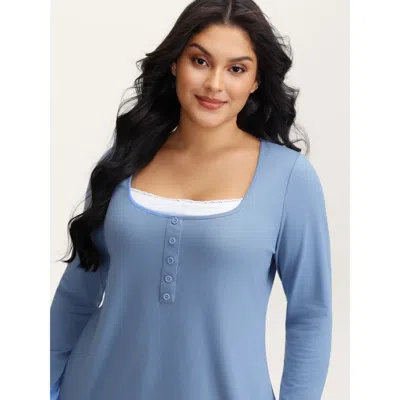 Bloomchic Women's Plus Size Button Placket Lace Scoop Neck T-shirt Bluepurple Solid Elegant Long Sleeve Square In Purple