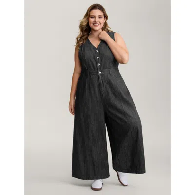 Bloomchic Women's Plus Size Button Placket Pockets Denim Jumpsuit Acidwashblack Casual Button No Stretch 10/m