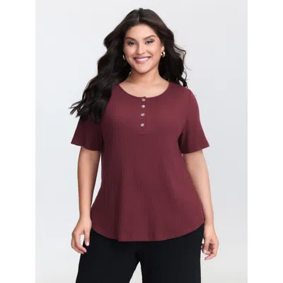 Bloomchic Women's Plus Size Button Placket Stretchy T-shirt Burgundy Synthetic Texture Casual Extra Long Sleev