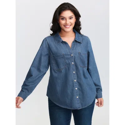 Bloomchic Women's Plus Size Button-down Curvy Hem Denim Top Midblue Sleeveless Casual 10/m