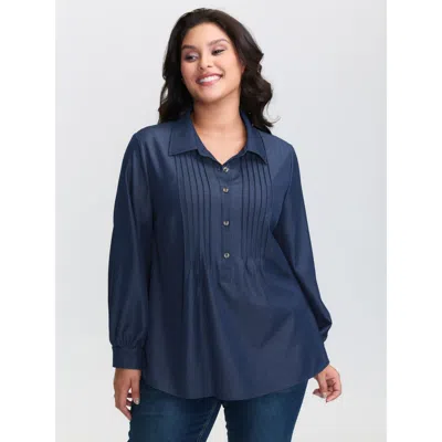 Bloomchic Women's Plus Size Buttons Pleated Denim Blouse Denimindigo Non Casual Long Sleeve 10/m