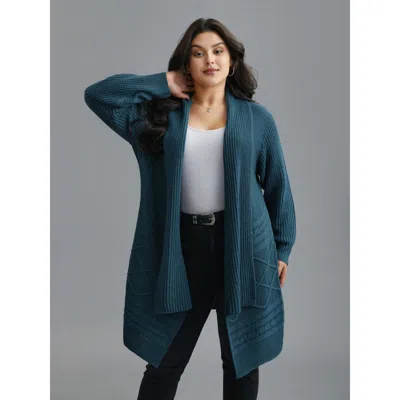 Bloomchic Women's Plus Size Cable Knit Asymmetrical Hem Open-front Cardigan Cyan Long Sleeve 14-16/1x In Blue