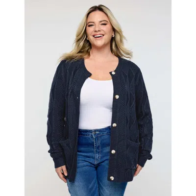 Bloomchic Women's Plus Size Cable Knit Button Pockets Cardigan Midnight Long Sleeve 22-24/3x In Blue