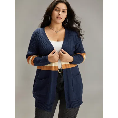 Bloomchic Women's Plus Size Cable Knit Colorblock Contrast Open Front Cardigan Multicolor Long Sleeve 10/m