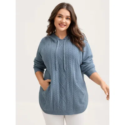 Bloomchic Women's Plus Size Cable Knit Curvy Hem Hooded Pullover Stone Not Graphics Long Sleeve Hooded Neck 12 In Gray