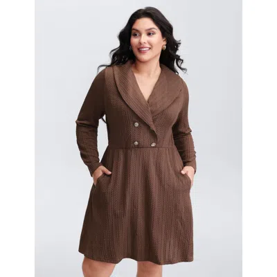 Bloomchic Women's Plus Size Cable Knit Double Decorative Button Knee-length Dress Yellowishbrown Elegant Short