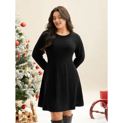 Bloomchic Women's Plus Size Cable Knit Fit-and-flare Mini Sweater Dress Black Solid Mini Cable Knit 28/5x