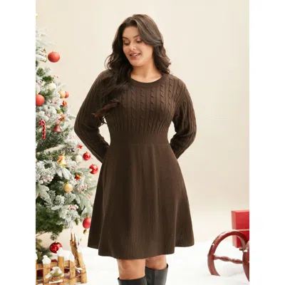 Bloomchic Women's Plus Size Cable Knit Fit-and-flare Mini Sweater Dress Browncoffeecolor Solid Mini Cable Knit