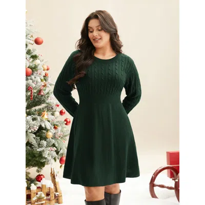 Bloomchic Women's Plus Size Cable Knit Fit-and-flare Mini Sweater Dress Darkgreen Solid Mini Cable Knit 10/m In Green
