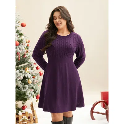 Bloomchic Women's Plus Size Cable Knit Fit-and-flare Mini Sweater Dress Eggplant Solid Mini Cable Knit 22-24/3 In Purple