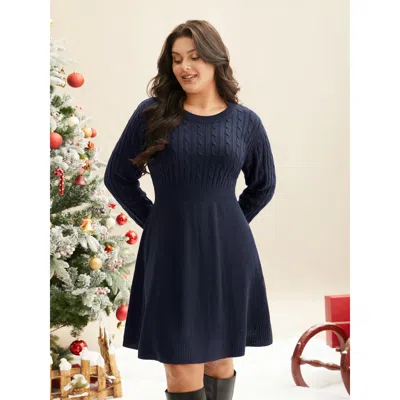 Bloomchic Women's Plus Size Cable Knit Fit-and-flare Mini Sweater Dress Navy Solid Mini Cable Knit 30/6x In Blue