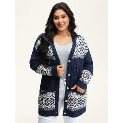 Bloomchic Women's Plus Size Cable Knit Floral Jacquard Pockets Knit Cardigan Indigo Long Sleeve 14-16/1x In Purple