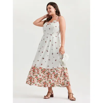 Bloomchic Women's Plus Size Cable Knit Floral Shirred Back Midi Dress Whitesmoke Ditsy Floral Midi Elegant Col
