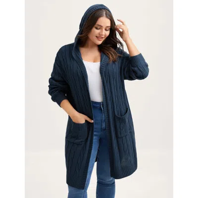 Bloomchic Women's Plus Size Cable Knit Hooded Long Knit Cardigan Indigo Long Sleeve Hooded Neck 10/m In Purple