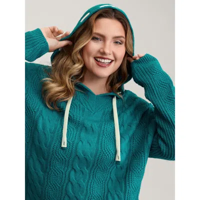 Bloomchic Women's Plus Size Cable Knit Hooded Solid Pullover Cerulean Long Sleeve 30/6x In Blue