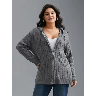 Bloomchic Women's Plus Size Cable Knit Hooded Zipper Cardigan Dimgray Long Sleeve Hooded Neck 10/m