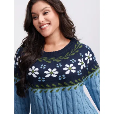 Bloomchic Women's Plus Size Cable Knit Jacquard Floral Contrast Pullover Lightblue Not Graphics Long Sleeve Ro In Blue
