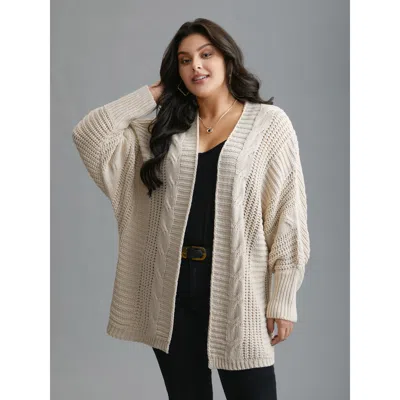 Bloomchic Women's Plus Size Cable Knit Open-front Ribbed Knit Cardigan Apricot Long Sleeve 10/m In Orange