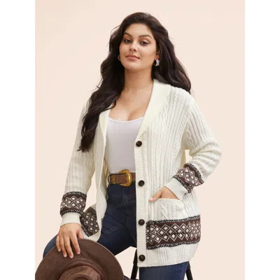 Bloomchic Women's Plus Size Cable Knit Pockets Collared Cardigan Ivory Long Sleeve 28/5x In White