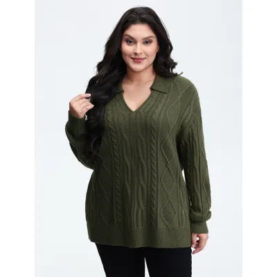 Bloomchic Women's Plus Size Cable Knit Polo Collar Pullover Armygreen Long Sleeve 10/m