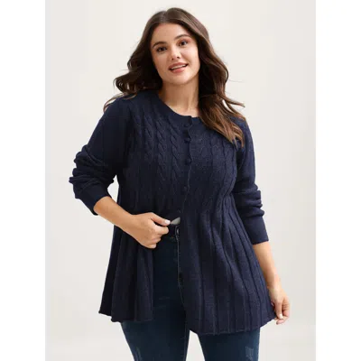 Bloomchic Women's Plus Size Cable Knit Round Neck Button Knit Cardigan Aegean Long Sleeve Round Neck 10/m In Blue