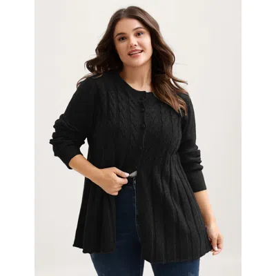 Bloomchic Women's Plus Size Cable Knit Round Neck Button Knit Cardigan Black Long Sleeve Round Neck 10/m