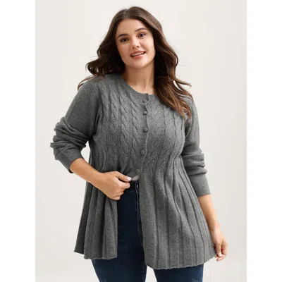 Bloomchic Women's Plus Size Cable Knit Round Neck Button Knit Cardigan Darkgray Long Sleeve Round Neck 22-24/3 In Gray