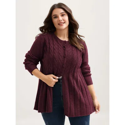 Bloomchic Women's Plus Size Cable Knit Round Neck Button Knit Cardigan Plum Long Sleeve Round Neck 10/m In Purple