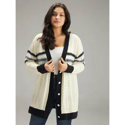 Bloomchic Women's Plus Size Cable Knit Striped Geo Button Fly Cardigan Beige Long Sleeve 14-16/1x In Sand
