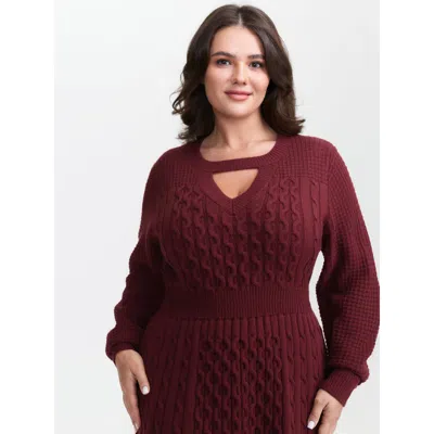 Bloomchic Women's Plus Size Cable Knit Textured Cut-out Sweater Dress Deepred Non Short Cable Knit 10/m In Red
