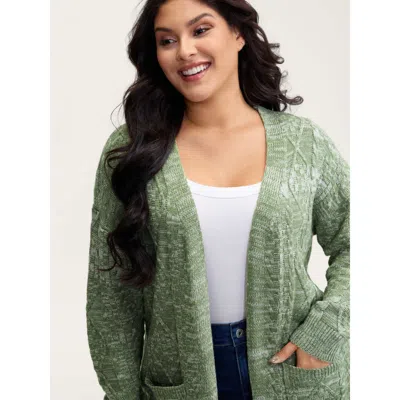 Bloomchic Women's Plus Size Cable Knit Textured Pockets Knit Cardigan Greenbean Long Sleeve 10/m