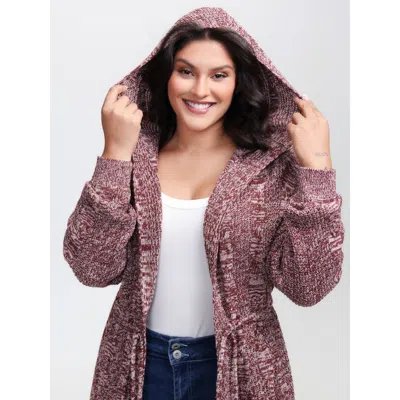 Bloomchic Women's Plus Size Cable Stitch Heather Hooded Knit Cardigan Deepred Long Sleeve 14-16/1x In Red