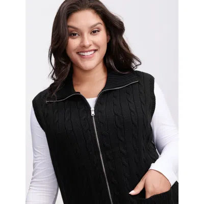 Bloomchic Women's Plus Size Cable Zipper Sleeveless Knit Cardigan Black Sleeveless Wide Lapel 28/5x
