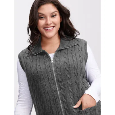 Bloomchic Women's Plus Size Cable Zipper Sleeveless Knit Cardigan Dimgray Sleeveless Wide Lapel 12/l