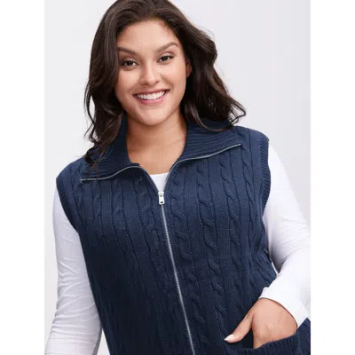 Bloomchic Women's Plus Size Cable Zipper Sleeveless Knit Cardigan Indigo Sleeveless Wide Lapel 12/l In Purple