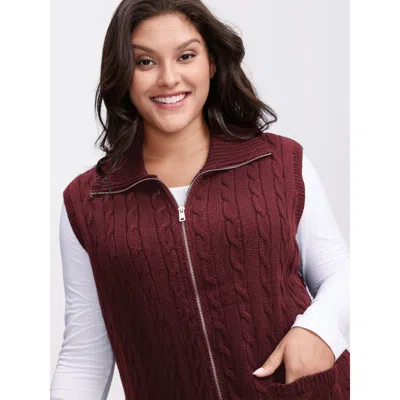 Bloomchic Women's Plus Size Cable Zipper Sleeveless Knit Cardigan Plum Sleeveless Wide Lapel 12/l In Purple