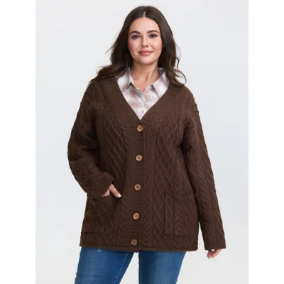 Bloomchic Women's Plus Size Cableknit Textured Button Pocket Knit Cardigan Browncoffeecolor Long Sleeve 10/m