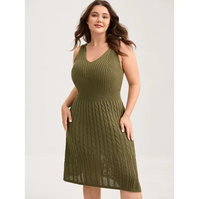 Bloomchic Women's Plus Size Cable-knit Waist-cinched Woven Midi Dress Olive Non Knee Texture 10/m In Green