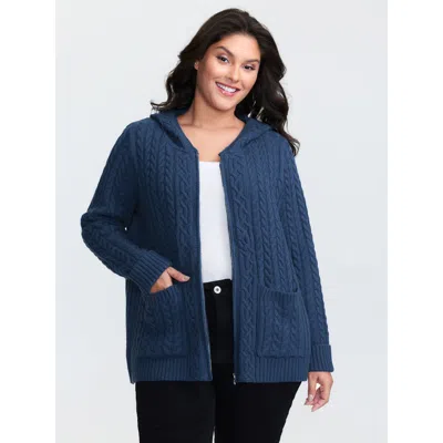 Bloomchic Women's Plus Size Cableknit Zipper Hooded Knit Cardigan Aegean Long Sleeve Hooded Neck 10/m In Blue