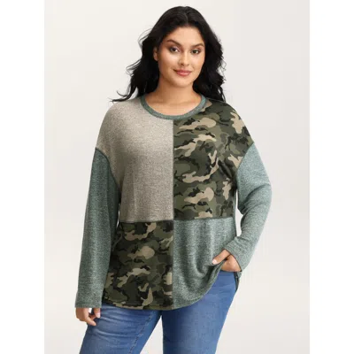 Bloomchic Women's Plus Size Camouflage Block Print Contrast T-shirt Multicolor Geometric Casual Long Sleeve 14