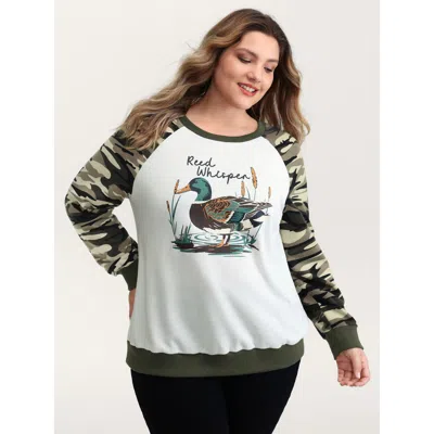 Bloomchic Women's Plus Size Camouflage Contrast Animal Print Sweatshirt Sage Casual 10/m In Green
