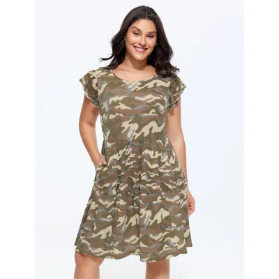 Bloomchic Women's Plus Size Camouflage Print Cap Sleeve Mini Dress Multicolor Camouflage Knee Length Casual Ca