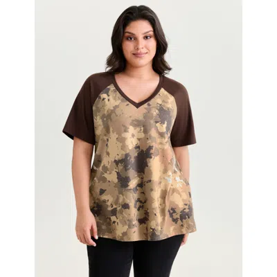 Bloomchic Women's Plus Size Camouflage Print Raglan Sleeve T-shirt Browncoffeecolor Camouflage Casual Short Sl