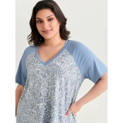 Bloomchic Women's Plus Size Camouflage Print Raglan Sleeve T-shirt Skyblue Camouflage Casual Short Sleeve V-ne In Blue