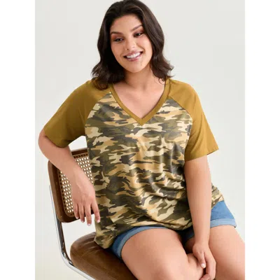 Bloomchic Women's Plus Size Camouflage Print Raglan Sleeve T-shirt Tan Camouflage Casual Short Sleeve V-neck 1 In Brown