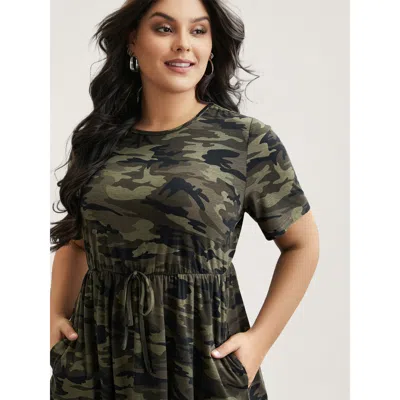 Bloomchic Women's Plus Size Camouflage Print Round Neck Pockets Midi Dress Armygreen Casual Midi Ruched 12/l