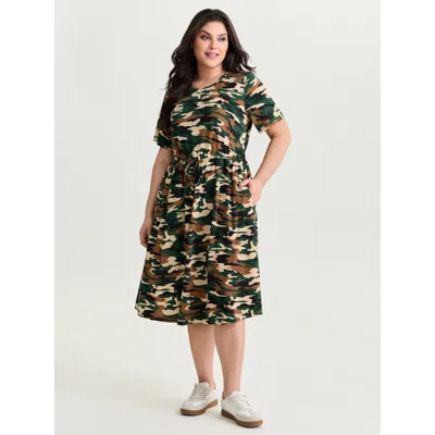 Bloomchic Women's Plus Size Camouflage Print Round Neck Pockets Midi Dress Browncoffeecolor Casual Midi Ruched