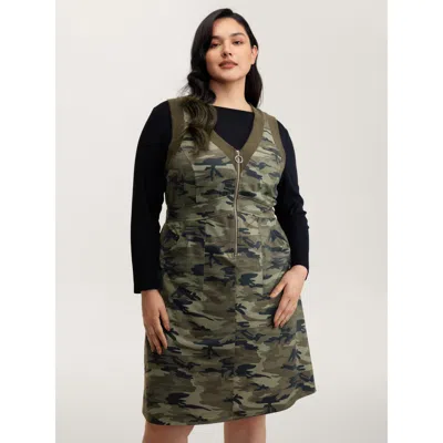 Bloomchic Women's Plus Size Camouflage Print Zipper Front Pockets Midi Dress Moss Camouflage Knee Casual 12/l In Green