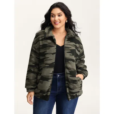 Bloomchic Women's Plus Size Camouflage Print Zipper-front Pocket Coat Multicolor Texture H-line 22-24/3x