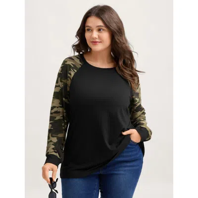 Bloomchic Women's Plus Size Camouflage Raglan Sleeve Round Neck T-shirt Armygreen Else Casual Long Sleeve Roun